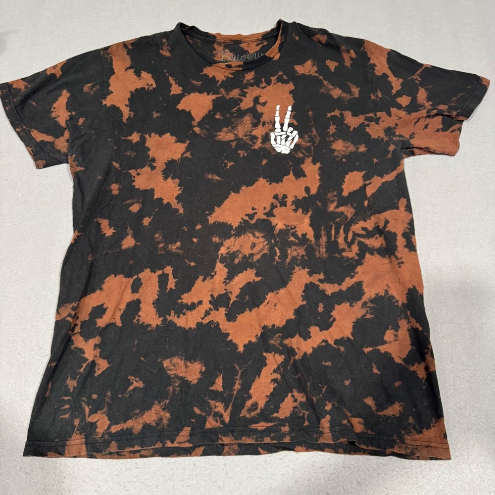 Bowery Supply Co T-Shirt Mens L Black Orange Acid Wash Skeleton Peace Sign Tee